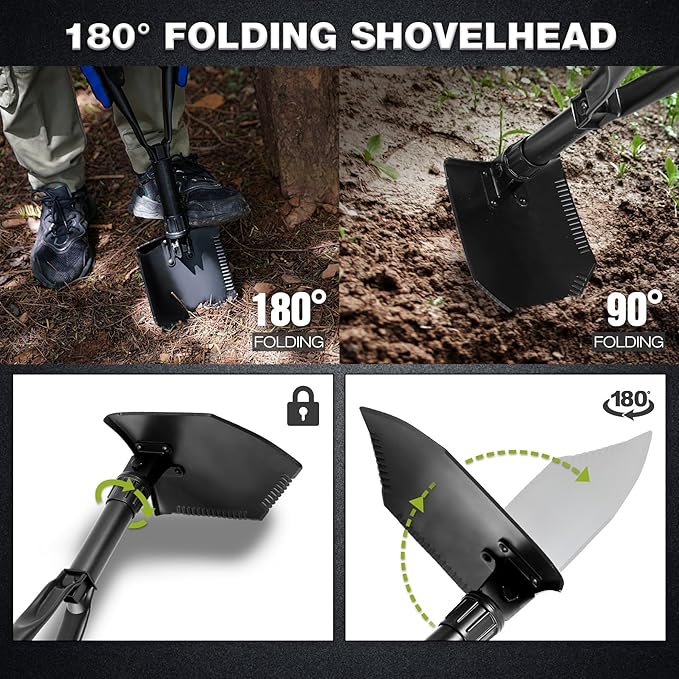 REDCAMP 23" Survival Folding Camping Shovel w/Cover, Manganese Steel Heavy Duty Tactical Shovel with Tri-Fold Handle for Hiking, Beach, Snow, Sand, Mud, Portable Black, 3Lbs