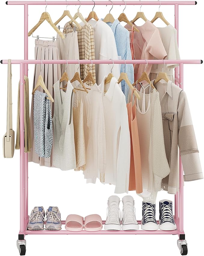 Calmootey Double Rod Clothing Garment Rack,Rolling Hanging Clothes Rack,Portable Clothes Organizer for Bedroom,Living Room,Clothing Store,Pink