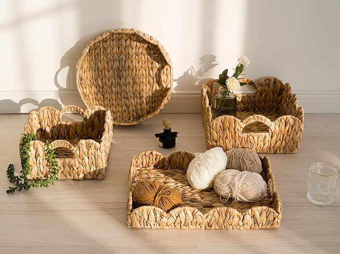 StorageWorks Scalloped Wicker Basket, Hand-woven Rattan Baskets with Built-in Handles, Water Hyacinth Basket for Organizing and Decor, 2 Pack