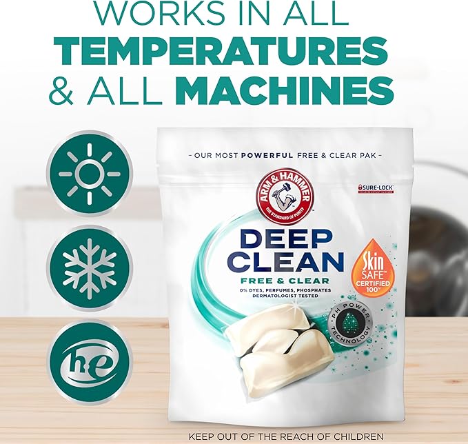 ARM & HAMMER Deep Clean Free & Clear Power Paks Concentrated Laundry Detergent, Free of Dyes, Perfumes and Phosphates, Dermatologist Tested, 44 Count
