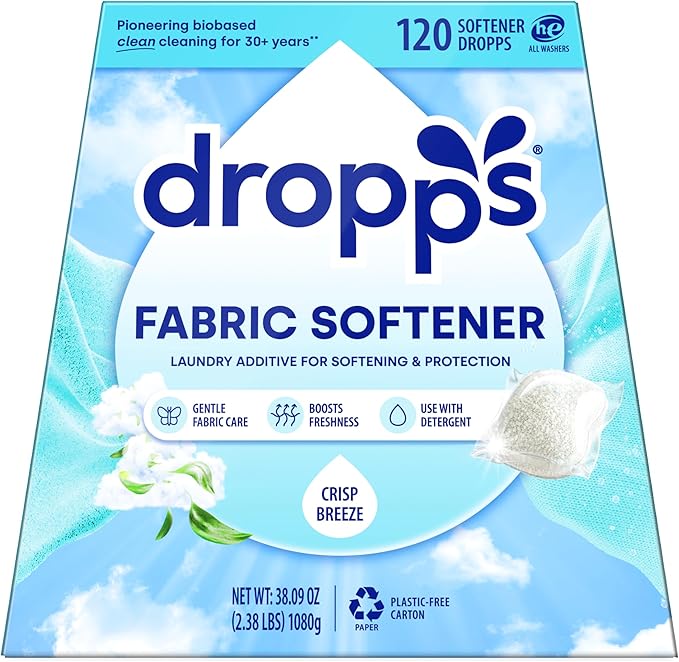 Dropps Laundry Fabric Softener Pods, Crisp Breeze (120 Count) - Fabric Softener Liquid Pods for Fluffy, Soft Fabrics - HE Compatible Mineral Based Ingredients Laundry Supplies