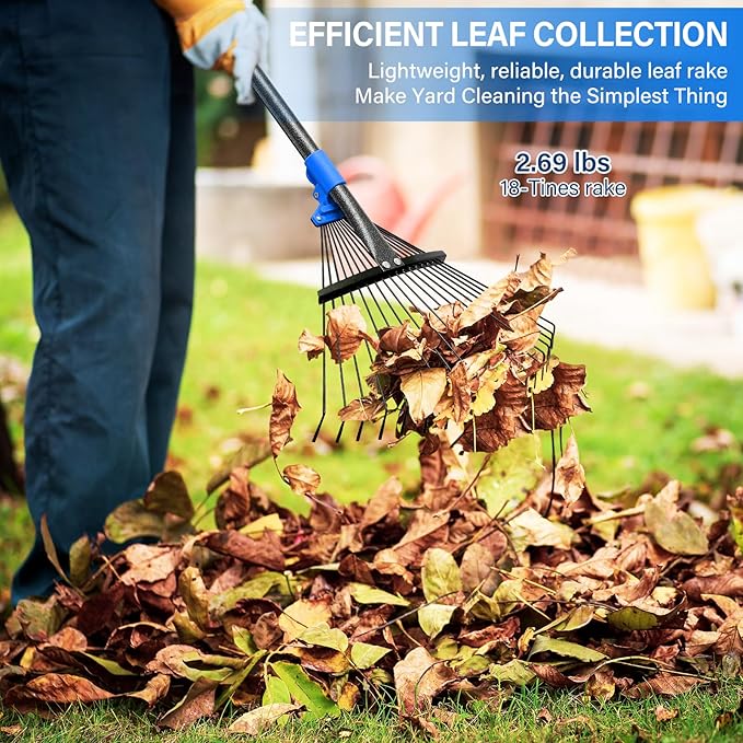 Rake for Leaves - Metal Leaf Rake for Lawn & Garden, Expandable Head 9"-17", 75" Adjustable Handle for Kids & Adults - Effortless Gardening, Portable Camping Rakes with Tool-Free Assembly