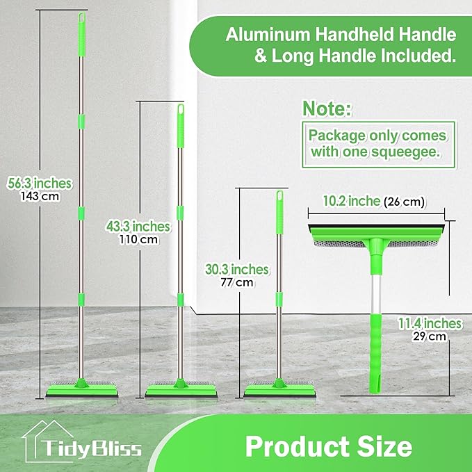 Window Squeegee Professional, 56” Car Windshield Glass Cleaner Tool with Extension Pole, Long Handle Household 10 inches Washer Sponge Scrubber Kit for Cleaning Home Mirror Outdoor (Green)