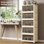 5 Tier Stackable Plastic Storage Bins with Lids 48QT, Collapsible Closet Organizers and Storage with Wheels for Living Room,Office,Dorm