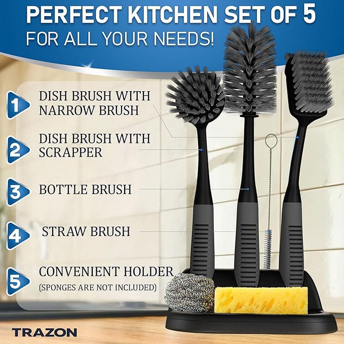Dish Brush Set of 5 with Holder - Kitchen Scrub Brushes with Non-Slip Long Handle for Cleaning, Scrubber, Dishwashing, Dishes, Bottles, Straws, Cups, Pots & Sink, Black