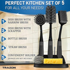 Dish Brush Set of 5 with Holder - Kitchen Scrub Brushes with Non-Slip Long Handle for Cleaning, Scrubber, Dishwashing, Dishes, Bottles, Straws, Cups, Pots & Sink, Black