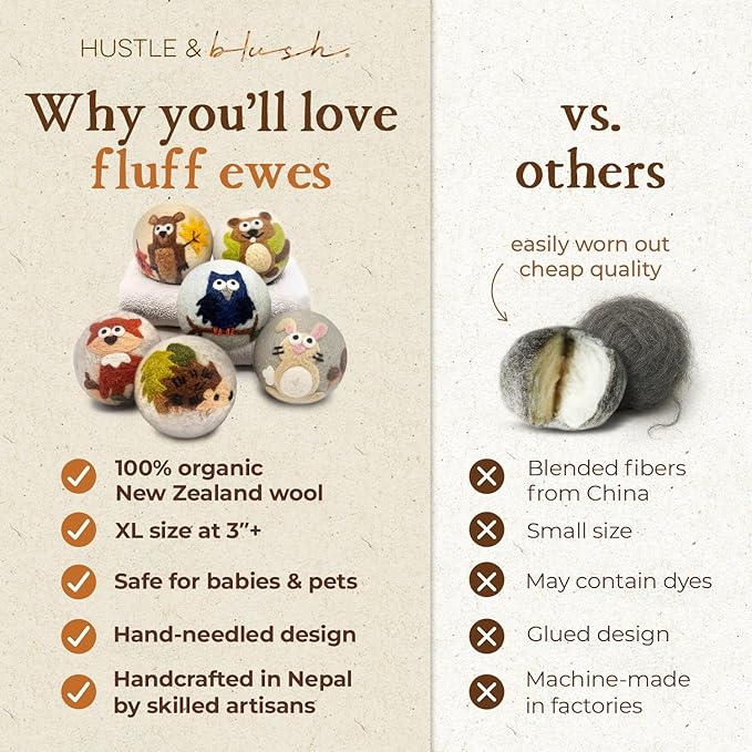 Hustle & Blush Fluff Ewes Wool Dryer Balls 6 Pack - XL Hedgehog and Homies Premium New Zealand Laundry Set, Reduces Drying Time, Static Control, Chemical Free, Ideal Holiday Gifts for Women & Men