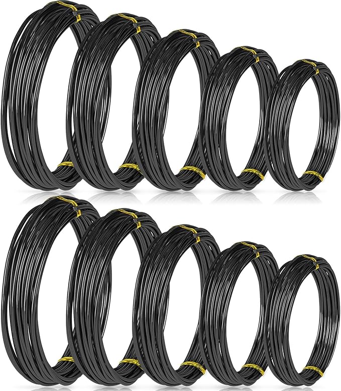 10 Rolls Bonsai Wires Anodized Aluminum Bonsai Training Wire in 5 Sizes - 1.0 mm, 1.5 mm, 2.0 mm, 2.5 mm, 3.0 mm, Total 164 Feet (Black)