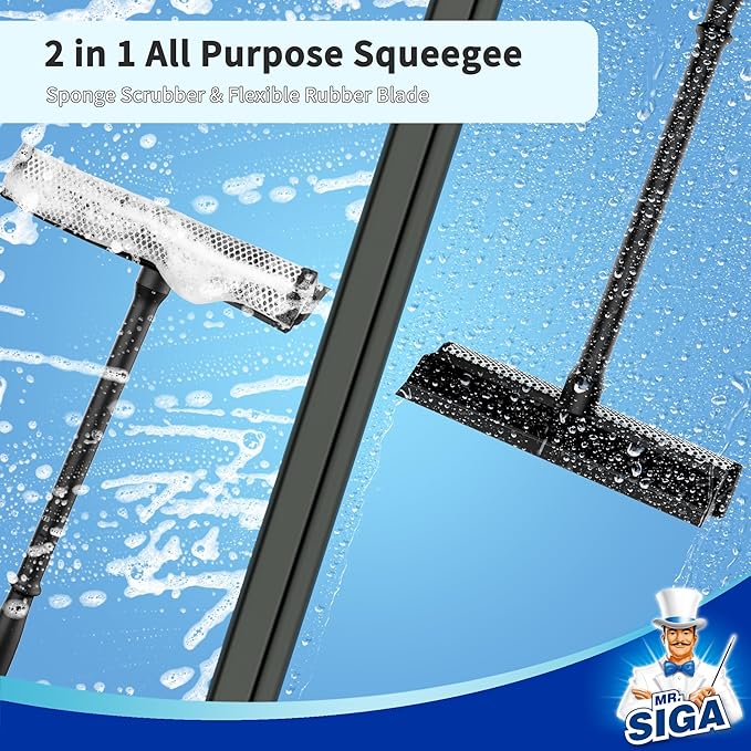 MR.SIGA Professional 2-in-1 Car Window Squeegee and Sponge Scrubber for Cleaning and Washing, Rubber Blade Cleaner With Handle, Black
