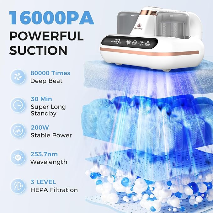 Mattress Vacuum Cleaner - 5-in-1 Cordless Bed Vacuum Cleaner, Powered by UV-C Light & Ultrasonic Technology, 16Kpa Strong Suction,Low Noise,Suitable for Dust, Pet Hair, Etc.