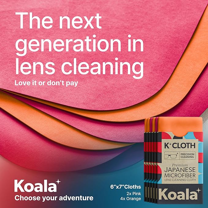 Koala Lens Cleaning Cloth | Japanese Microfiber | Glasses Cleaning Cloths | Eyeglass Lens Cleaner | Eyeglasses, Camera, VR/AR Headset, and Screen Cleaner | Pink & Orange (Pack of 6)
