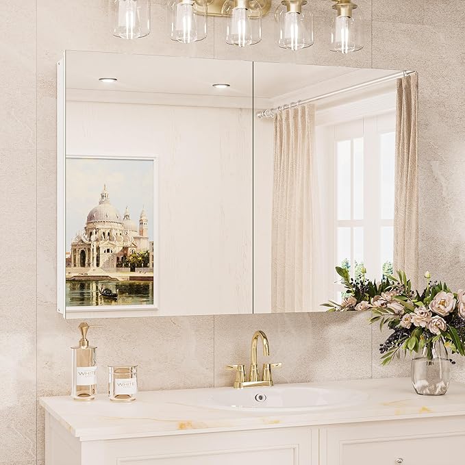 TokeShimi 36x24 Medicine Cabinet Mirror with Storage Tempered, Aluminum Surface Mount or Recessed Medicine Cabinet White with Adjustable Shelves for Bathroom Wall Cabinet Farmhouse