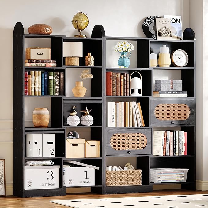 IRONCK 6 Tier Bookshelf and Bookcase with 2 Rattan Design Flip-top Storage Cabinets, 8 Cube Bookcases Display Storage Shelves Organizer for Living Room, 35.4" Black
