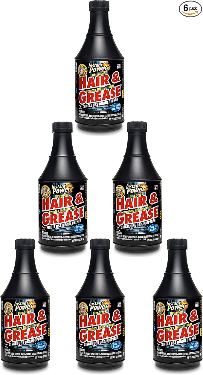 Instant Power Hair and Grease Drain Opener – Multipurpose Liquid Drain Cleaner and Clog Remover, Odorless, Ready to Use, 20 Oz, 6 Pack