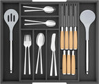 Bamboo-Silverware-Drawer-Organizer-Kitchen, Expandable Utensil Holder Cutlery Tray Flatware Organization Adjustable Wood Tableware Dividers Storage (with Removable Knife Block)(Black)