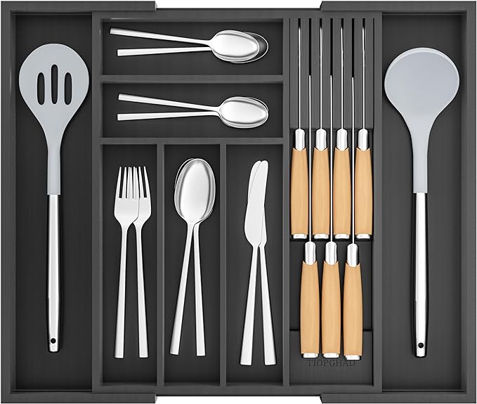 Bamboo-Silverware-Drawer-Organizer-Kitchen, Expandable Utensil Holder Cutlery Tray Flatware Organization Adjustable Wood Tableware Dividers Storage (with Removable Knife Block)(Black)