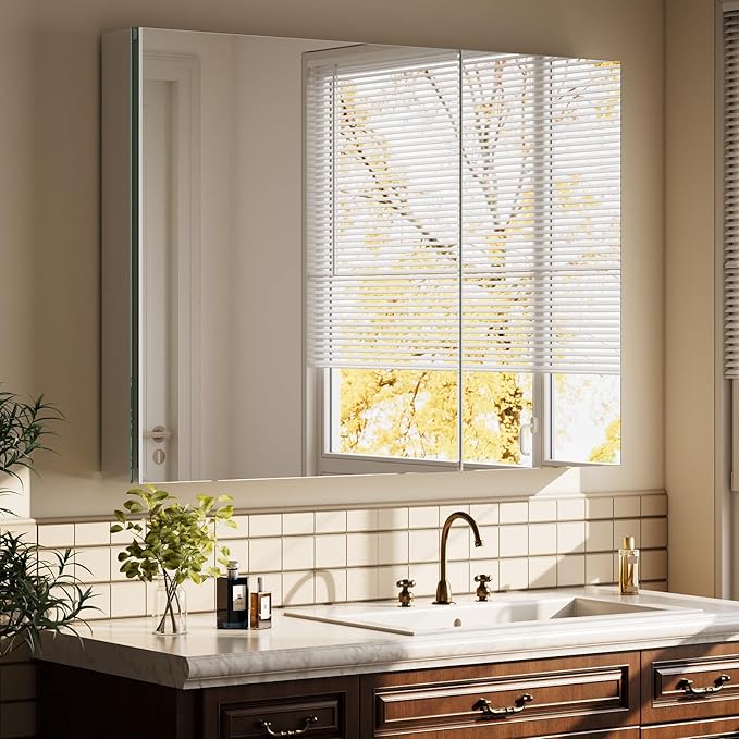 Bathroom Medicine Cabinet Mirror with Storage, 36 Inch x 26 Inch Silver Medicine Cabinet with Double Door & Adjustable Shelves for Vanity, Aluminum Surface, Wall-Mount or Recessed