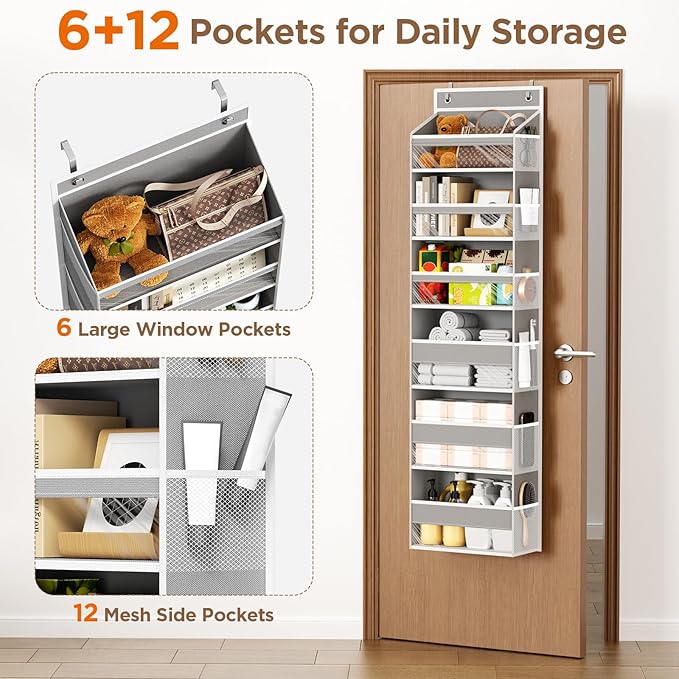 Over The Door Organizer, 6 Shelf Door Organizer Hanging with 6 Large Capacity Pockets, Over The Door Storage Hanging Shelves for Closet Wall Bathroom Closet Bedroom Nursery