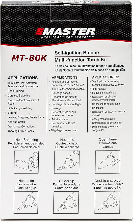 Master Appliance MT-80K Butane Micro Torch Kit [Butane Torch, Flameless Heat Tool, Soldering Iron & Hot Knife] Hand Held, Refillable with Butane Fuel, Adjustable Flame, Case with Attachments