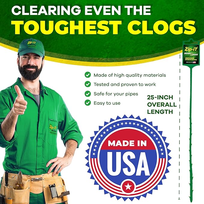 The original Zip-It Hair Clog Remover 25-inch Overall Length Drain Snake Cleaner (3-Pack), Unclog Your Sink, Shower, & Tub Drain In Seconds – Non-toxic, Made in the USA