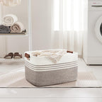 60L Large Laundry Basket with Leather Handles for Living Room Storage, Woven Rope Baskets Bin for Blanket, Kids Toy, Gifts, Wicker Hamper for Bedroom Dirty Clothes, 21"x15"x11" Dark Brown