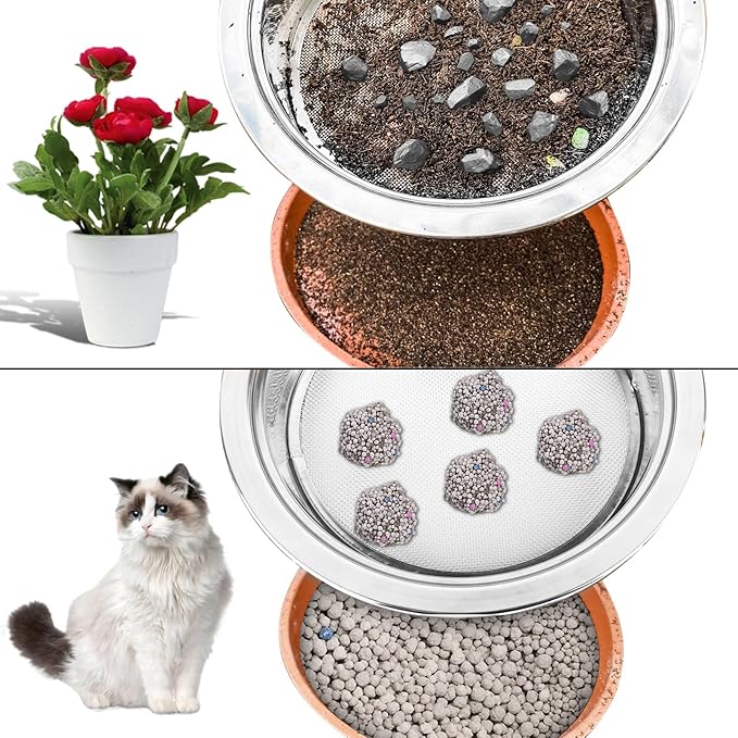 Stainless Steel Garden Sieve & Soil Sifter Tool - 9.5 Inch Stackable Sifting Pan with 3 Mesh Sizes (0.043"/0.133"/0.204") for Sand, Bonsai Soil - Includes Mini Shovels & Scoop (1 Pack)