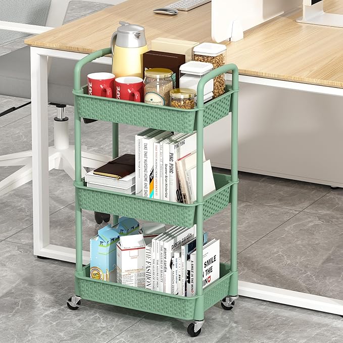 MOYIPIN 3-Tier Plastic Rolling Utility Cart with Handle,Utility Storage Cart for Office, Living Room, Kitchen,Movable Storage Organizer Shelves,Green