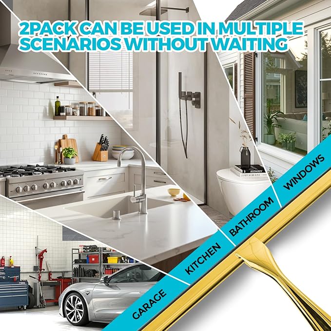 2PACK 12-Inch Golden All-Purpose Shower Squeegee for Shower Doors, Bath Linen Sets, Tile Shower Walls, Bathroom, Window, Glass and Car Windshield, Mirrors and Kitchen-Stainless Steel