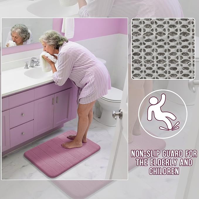 Yimobra Memory Foam Bath Mat, Super Soft Absorbent Bathroom Rug Non Slip 24x17 Inch, Quick Dry, Machine Washable Floor Carpet for Tub Shower, Home Decor Accessories, Mauve