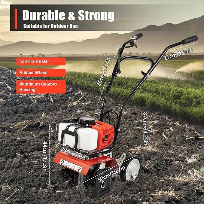 Gas Powered Tiller Cultivator Rototiller, 2-Stroke 52CC 2HP 1900W Soil Cultivator Soil Tilling Machine, 6500-7000RPM Air-Cooled Gasoline Garden Farm Tiller, for Plowing/Tilling/Furrowing
