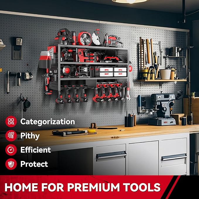 Power Tool Organizer Wall Mount, Heavy Duty 4-Tier Garage Storage Rack with Hooks and Cordless Drill Holder, Utility Racks for Screwdrivers, Pliers, Hammers,AngleGrinder, Shelf for Workbench