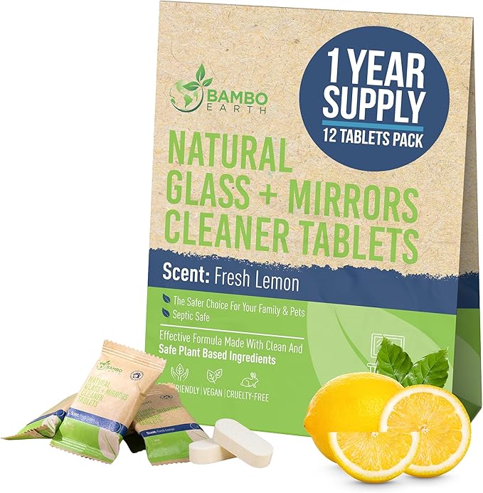 12 Pack Natural Glass & Mirror Cleaner Spray - Window Cleaning Tablets Refill - Eco-Friendly Product & Cleaning Supplies - 1 Tablet = 17oz Spray (204oz Total) - Fresh Lemon