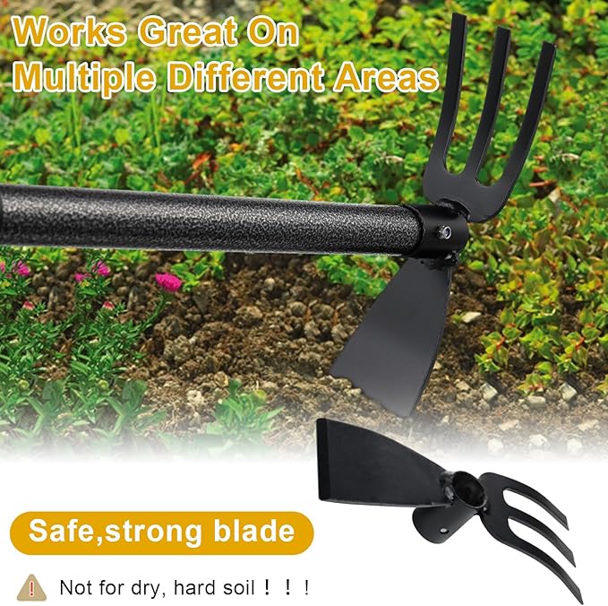 Hoe and Cultivator - 45” Long Handle - Heavy Duty Garden Hoe Tiller, Standing Hoe Garden Tools Durable Cultivator Hoes Hand Rake Fork for Gardening Weeding Planting Loosening Soil