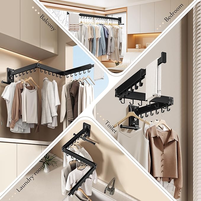Wall Mounted Collapsible Clothes Drying Rack, Space-Saving Laundry Drying Rack Clothing Hanger, Durable Foldable Design Extends Left, Right & Up for Upgraded Versatility