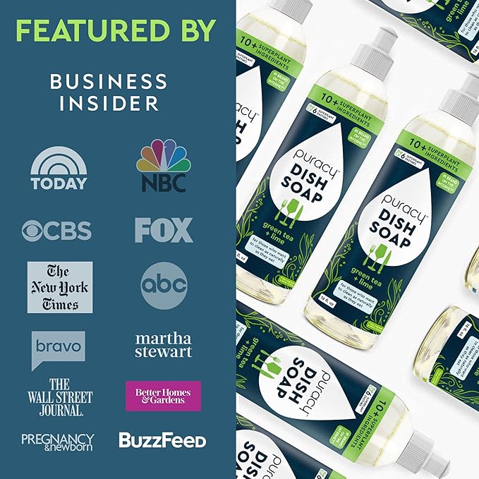 Puracy Natural Dish Soap - Skin-Softening Plant-Based Dishwashing Soap, Non-Toxic Dish Soap, Organic Liquid Dishwashing Detergent Soap (Green Tea & Lime, 16 fl oz)