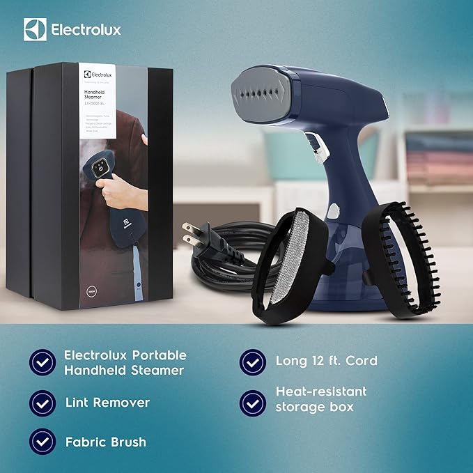 Electrolux Steamer for Clothes, 1500 Watt Portable Handheld Fabric and Garment Steamer with Lint Remover & Fabric Brush, Ultra-Fast Heat Up, 18 Min Continuous Steam for Powerful Wrinkle Remover, Blue