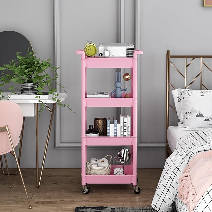 Utility cart with Tabletop 4 Tier Rolling Cart Organizer with Wheels Movable Storage Cart for Office, Living Room, Kitchen, Craft Room, Pink
