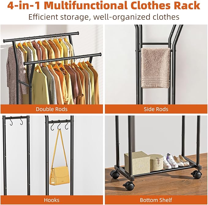 Luxspire Double Rods Clothes Rack for Hanging Clothes, Rolling Clothing Rack with Side Hooks, Bottom Shelves, 360° Wheels, Garment Racks for Bedroom, Laundry, Living Room, Black