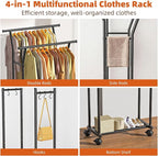 Luxspire Double Rods Clothes Rack for Hanging Clothes, Rolling Clothing Rack with Side Hooks, Bottom Shelves, 360° Wheels, Garment Racks for Bedroom, Laundry, Living Room, Black