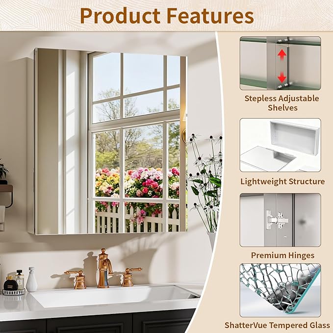 BEAUTYPEAK Bathroom Medicine Cabinet Mirror with Storage, 20 Inch x 24 Inch Silver Medicine Cabinet with Single Door & Adjustable Shelves for Vanity, Tempered, Aluminum Surface, Wall-mount or Recessed