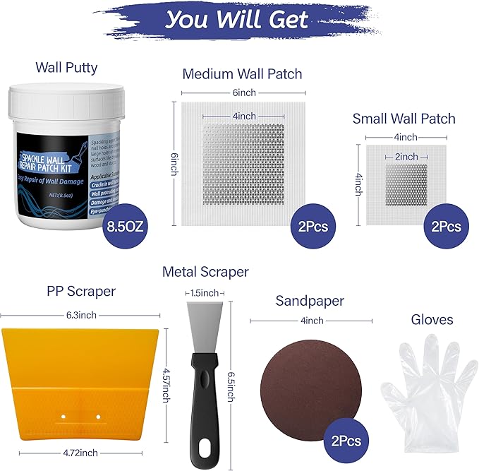 Oriflame Drywall Repair Kit: 8.5 Ounce Spackle Wall Repair with Patch/Scraper/Sandpaper/Gloves - White Wall Putty for Nail Holes/Cracks/Dents/Stains/Peeled Wall