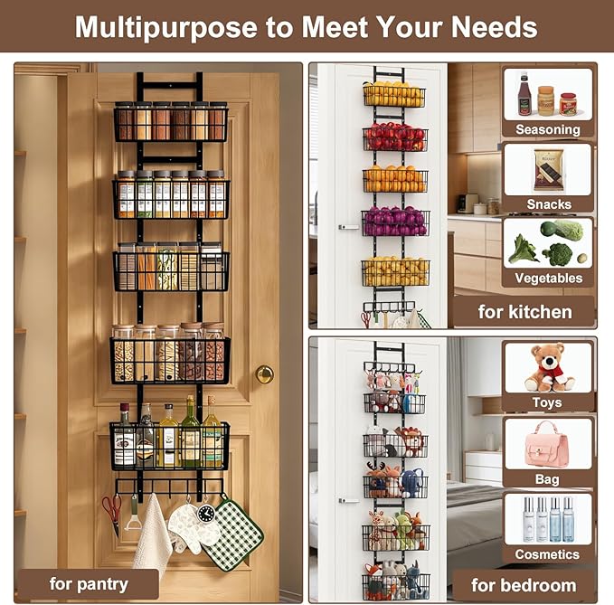 Adjustable Over The Door Organizer, Metal Hanging Door Organizer with 5 Wire Basket 7 Hooks, Wall Mounted Shelf for Pantry Laundry Organization and Storage, Black