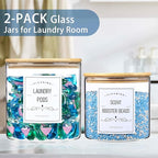 2 Pack Laundry Room Organization Glass Jars- Laundry Pods Container With Airtight Bamboo Lid- Dishwasher Pods Container. Laundry Jars For Detergent Powder, Dryer Balls,Scent Boosters(0.5+0.8Gallon)