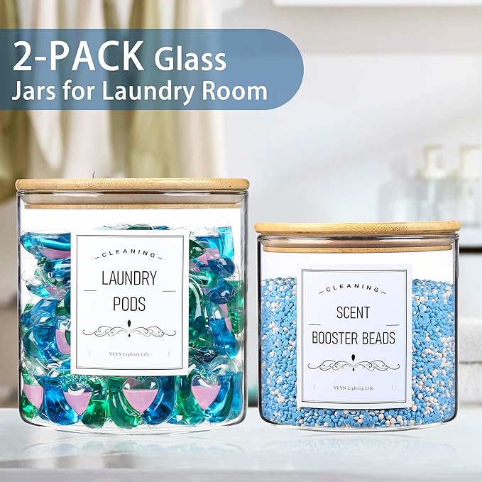 2 Pack Laundry Room Organization Glass Jars- Laundry Pods Container With Airtight Bamboo Lid- Dishwasher Pods Container. Laundry Jars For Detergent Powder, Dryer Balls,Scent Boosters(0.5+0.8Gallon)