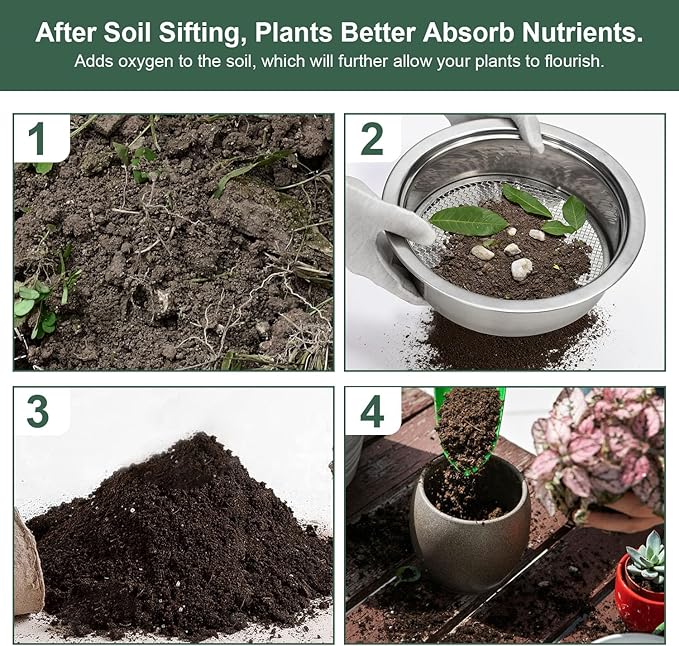 Soil Sieve Set Garden Soil Sifter Stainless Steel Mesh Sifter,Compost Sifter with 1,3,6,9,12mm Sieve Mesh and Bonsai Soil Scoop