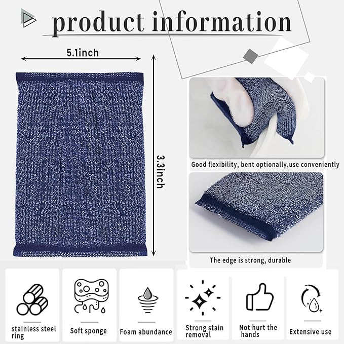 Steel Wool Scrub Sponges – Non-Scratch Microfiber Kitchen Scrubbers for Pots, Pans, and Household Cleaning – Heavy-Duty, Reusable Sponges (Blue)
