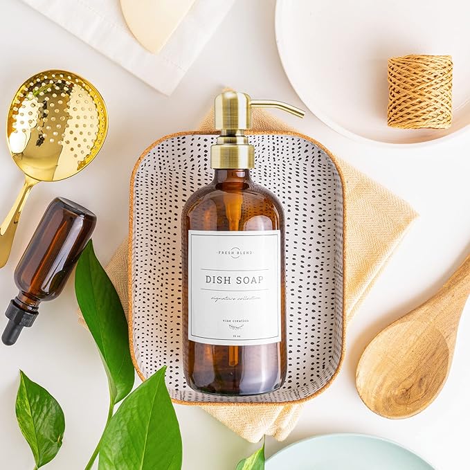 Vine Creations Amber Glass Soap Dispenser, 2 Pack Kitchen Soap Dispenser Set with Stainless Steel Pump, 16 oz Dish Soap and Hand Soap Dispensers for Bathroom with Waterproof Labels