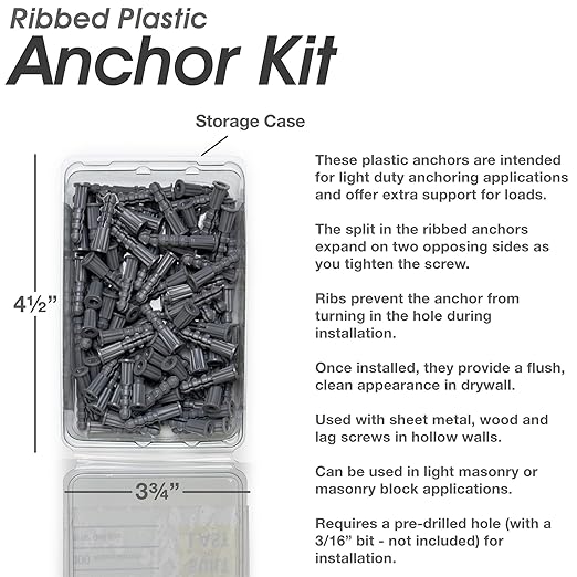 Qualihome Drywall Anchors Premium Quality Ribbed Lightweight Plastic Anchors for Hollow Walls – Wall Hanging Anchor Kit for Pictures, Artwork & Light Duty Anchoring Application (#6-8 x 7/8")