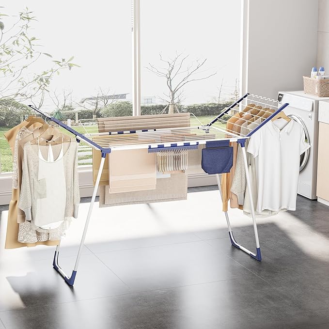 APEXCHASER Clothes Drying Rack Foldable, Drying Rack Clothing Large Space, Winged Laundry Rack with Sock Clips for Hanging Towels Clothes Dress Bedding Indoor Outdoor, White