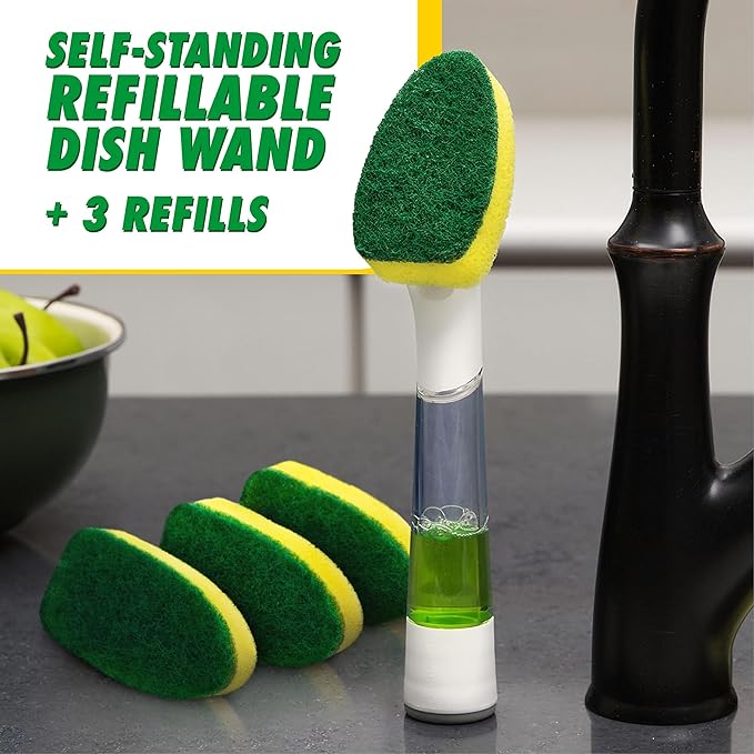 Libman Dishmatic I-Stand Dish Wand Kit, Kitchen Cleaning Scrub Brush with Handle and Soap Dispenser for Scrubbing and Washing Dishes, Refillable Standing Dispensing Scrubber Brushes, 3 Sponge Refills